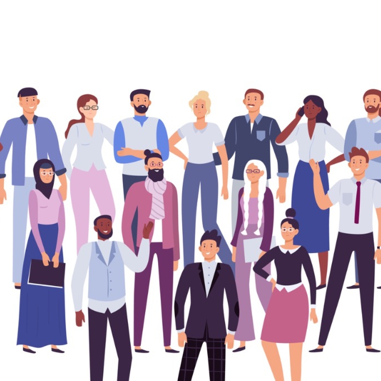 Illustration of 16 businesspeople of different ages, ethnicities and gender. All are standing. Most are wearing pastel shades of clothing, some casual, others smart.