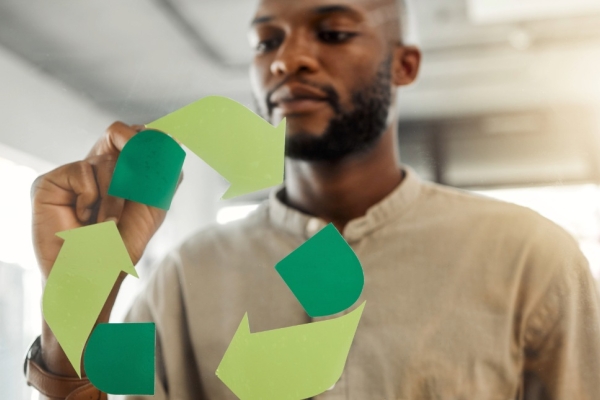 A Black man in an office, wearing a beige shirt, fixes a green recycling icon to a pane of glass.