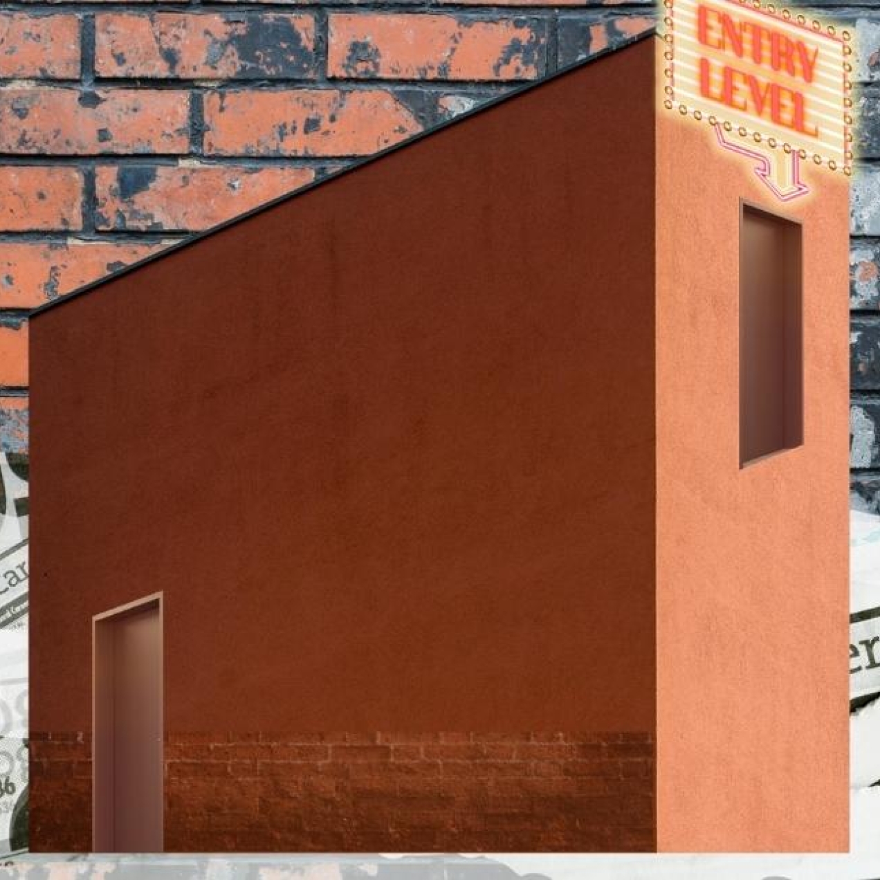 An imposing building with two doors and a red brick background, newspaper cuttings of job listings are also collaged into the background. One door is at ground level where a businessman is carrying a large box labelled AI as he is about to enter the 