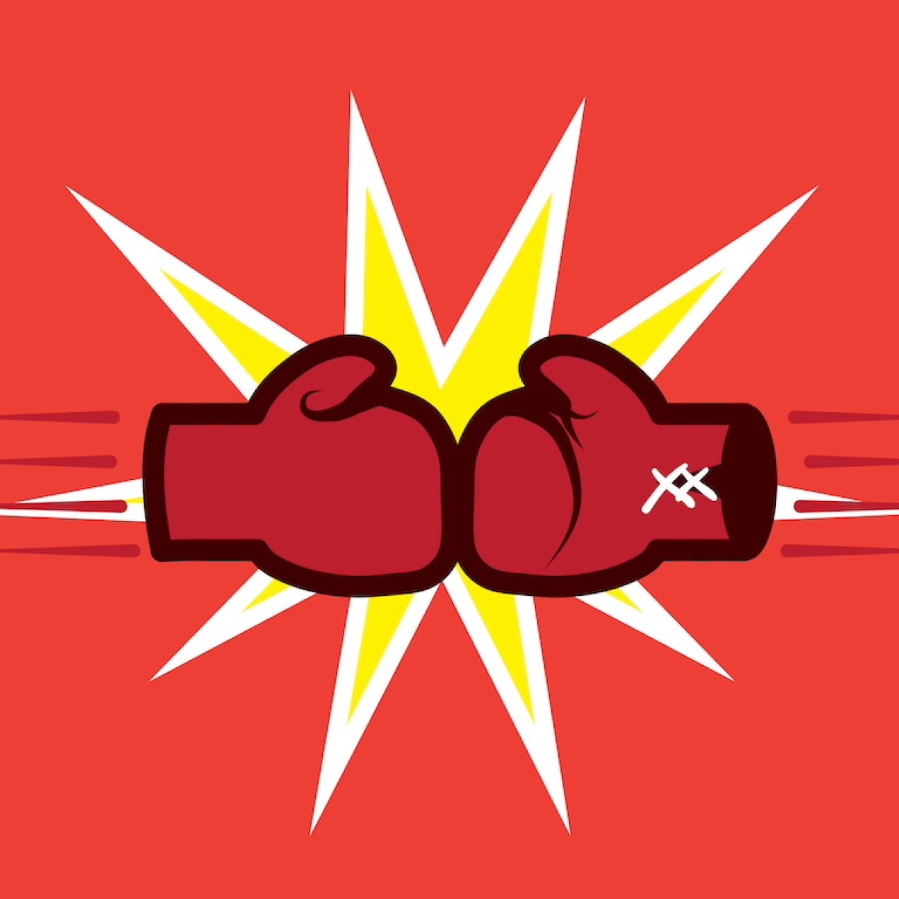 Illustration of two dark red boxing gloved pressed against each other while overlaid against a yellow spark formed of eight points. The background is light red.