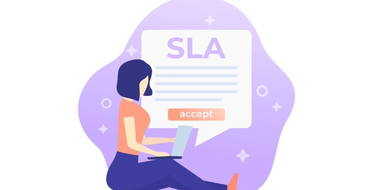 Illustration of a woman with a laptop on her lap. A large speech bubble contains the text SLA accept