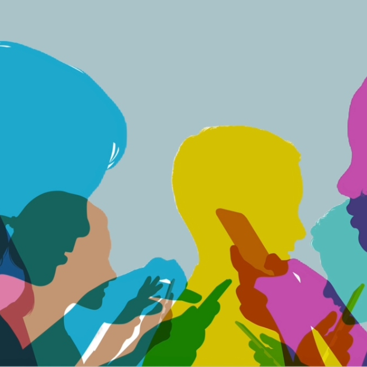 Multi-coloured silhouette illustrations on a blue-grey background of teenagers using smartphones.