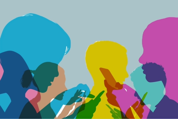 Multi-coloured silhouette illustrations on a blue-grey background of teenagers using smartphones.