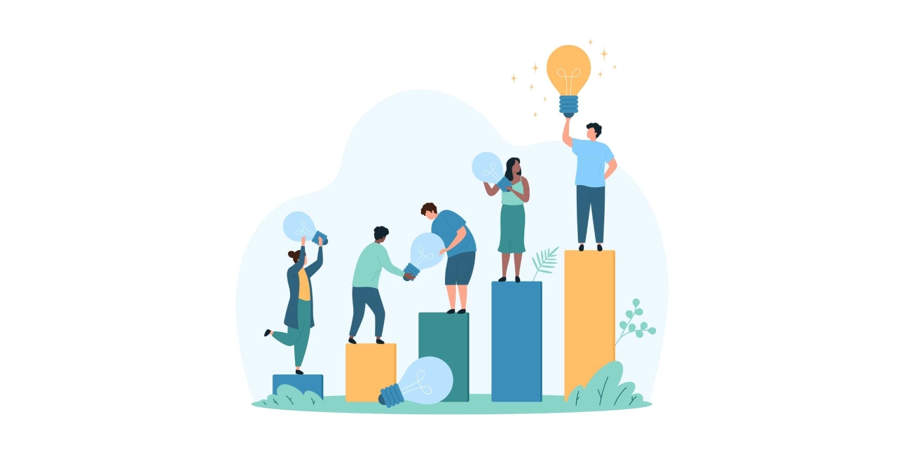 An illustration of five people stood on podium's cooperating by passing giant light bulbs to each other. The one at the top is lit