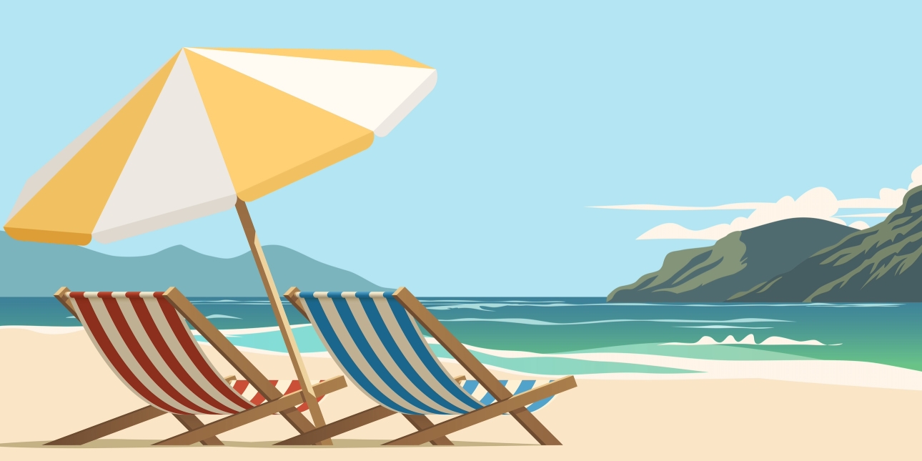 An illustration of two striped deckchairs under a large parasol on a sandy beach looking out to a sea and cliffs in the distance. The sky is blue