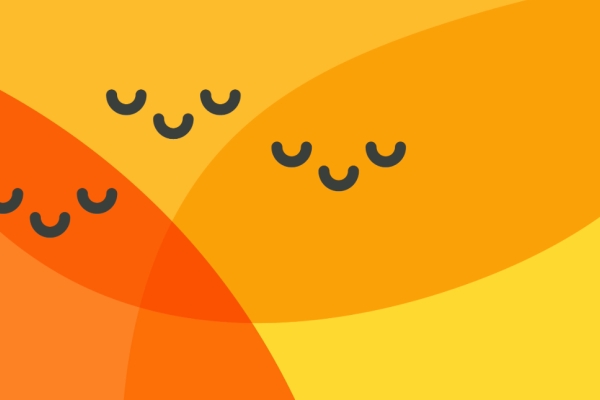 Three sets of a pair of doodled eyes and smiles on a background of overlapped semi circular orange, yellows and red.