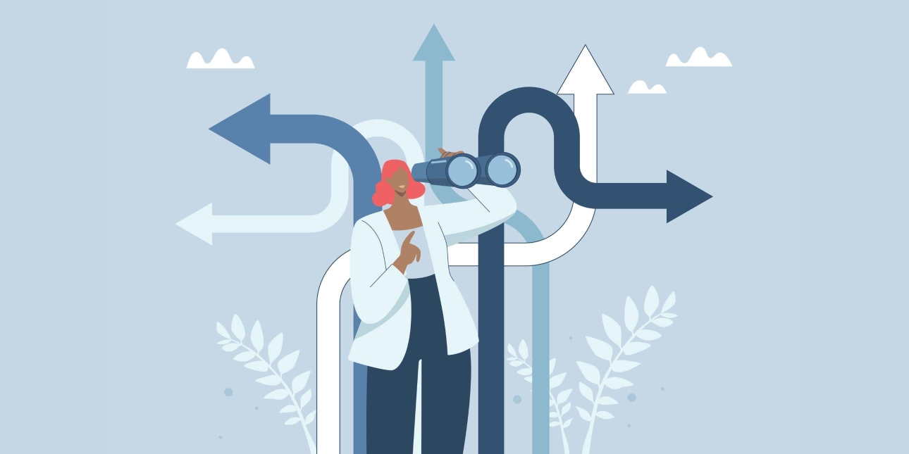 An illustration of a woman looking through binoculars. Behind her are multiple twisting arrows in white and various shades of blue