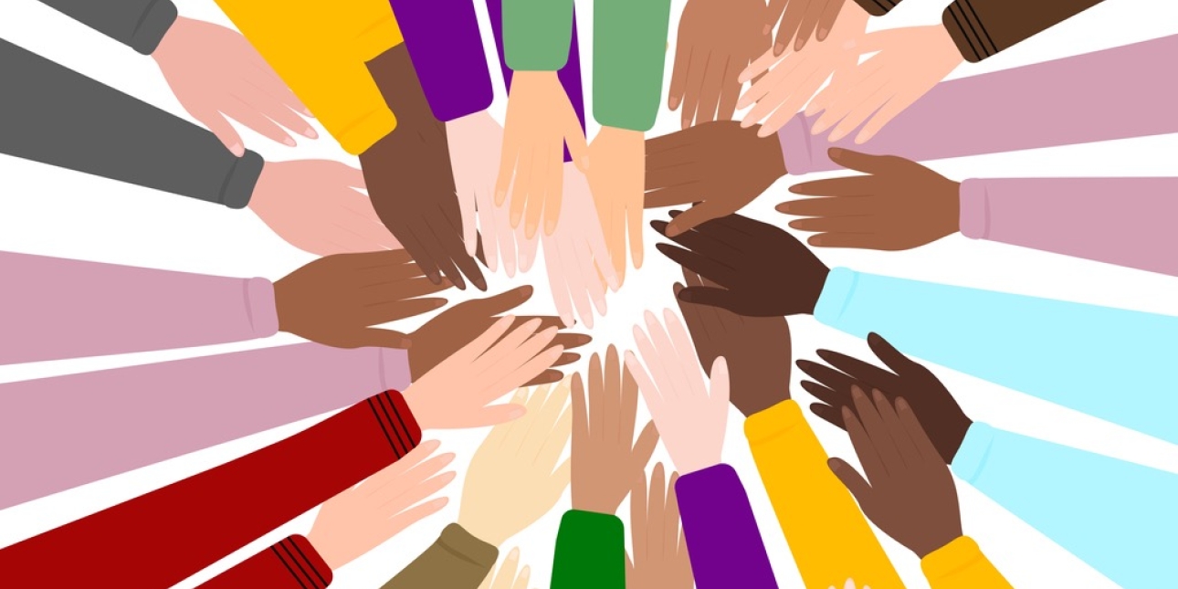 Illustration of 15 pairs hands of different skin tones reaching into the centre of the circle. Bright coloured jumpers cover their arms.