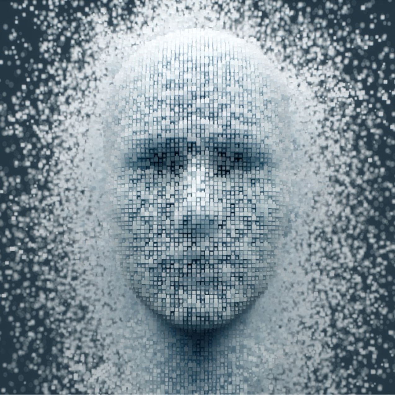 A digital collage of a face on a black background, constructed of hundreds of small pixelated squares in different shades of grey and black to pick out the features