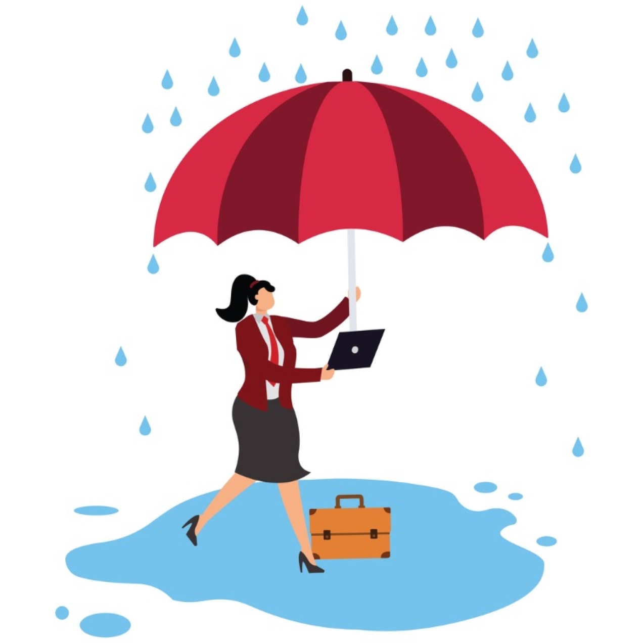 Illustration of a light skinned woman with a black ponytail and wearing a business suit. She shelters under a large umbrella that she holds in her left hand. In her right hand she holds a laptop. while also holding a laptop. She and her briefcase are