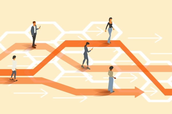 An illustration on a pale yellow background of people walking on a series on a series of orange forward-pointing arrows that move diagonally up and down at different angles.