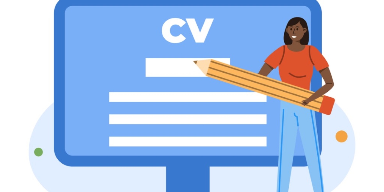 An illustration of a woman holding a giant pencil in front of a life-size computer screen featuring the initials CV and blank spaces. The woman has brown skin, black hair, is smiling and wearing a red top and shoes with blue trousers.