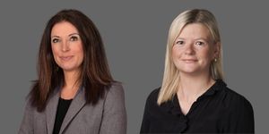 A composite image on a great background of Claudine Morgan and Hannah Gornall. Both are white women, Claudine has long dark hair and wears a grey blazer, Hannah has long blond hair and wears a dark top.