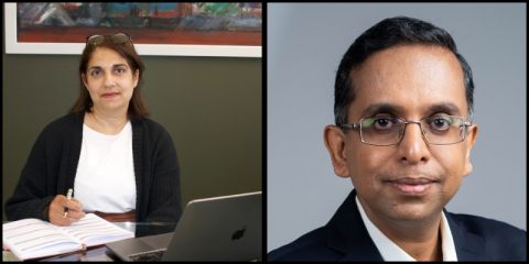 A composite image of Adeeba Hussain and Aniisue K Verghese. Adeeba is an Asian woman with brown hair and black jacket over a white top. Aniisu is an Asian man with short dark hair, glasses and a dark suit jacket over a white shirt