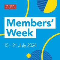 Text reads CIPR Members' Week 15-21 July 2024. The background is blue with yellow and dark blue semi circles