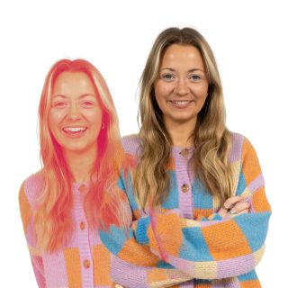 Izzy Field, a white woman with long blonde hair, stands smiling with her arms crossed and wearing a multicoloured patchwork cardigan. On the left is a orange-tinted almost identical image of Izzy.
