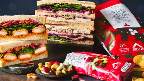 Two stuffed sandwiches with mean and salad, red bad of crispts and red bag of nuts and chocolates