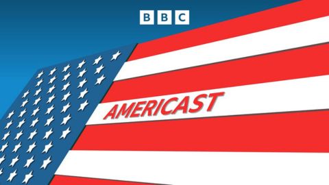 Computer generated image of the USA flag of white stars on a blue background next to red and white stripes. The letters BBC are contained within three white square blocks. The word Americast in red sits on a white stripe of the the flag