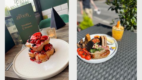 A compilation of two images: French toast with mix berries; and a cooked breakfast of sausage, tomatoes, mushrooms, hash brown, beans, break and a glass of orange juice