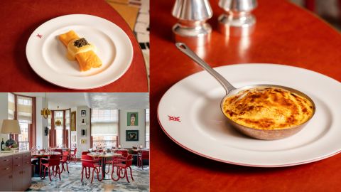 A composite of three images: two omelettes, one with caviar, the other in a small pan - and a an image of the restaurant with red chairs, mosiac floor and large windows