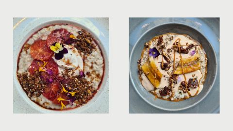 Two side by side images of blue-grey breakfast bowls full of porridge, multicoloured edible flowers and assorted fruit