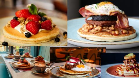 A composite of five photographs of different savoury and sweet pancakes with toppings including egg, bacon, black pudding, hash browns, pulled pork, strawberries, granola and blueberries
