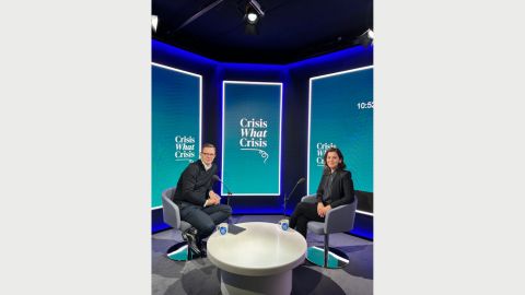 Andy Coulson and Katie Melua sitting in a studio for the Crisis What Crisis podcast