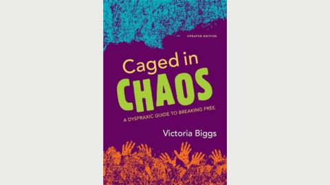 Purple book cover of 'Caged In Chaos' in text with blur and orange images on front