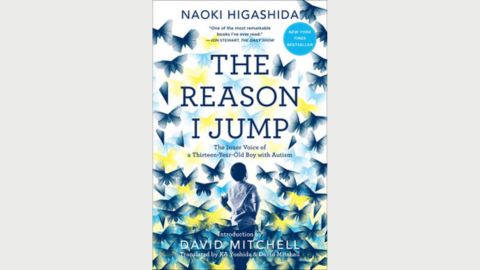 Book cover of 'The Reason I Jump' in blue text on a background of blue butterflies with other text on the page