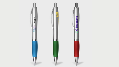 Three silver pens standing upright, distinguished by each having either a blue, green or red grip and different logos printed on them