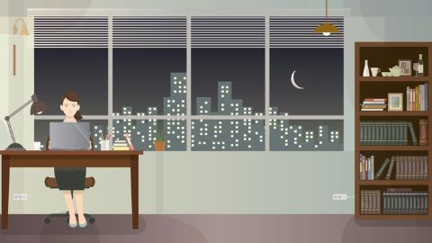 An illustration of a woman sat at behind a desk working on her laptop. Behind her is a large window on to a dark sky, a crescent moon and a skyline of skyscrapers with their lights on