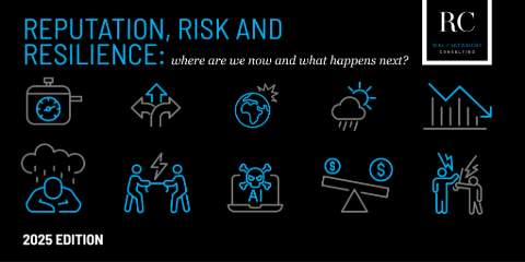 The cover of the Reputation, Risk and Resilience report featuring a selection of graphic icons including a person under a rain cloud, a pressure cooker, arrows, a scull and crossbones with the words AI and a laptop, a downward trajectory graph.
