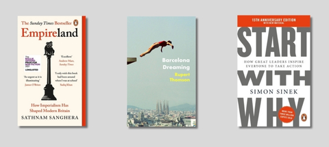 Book covers of Empireland; Barcelona Dreaming; Start With Why