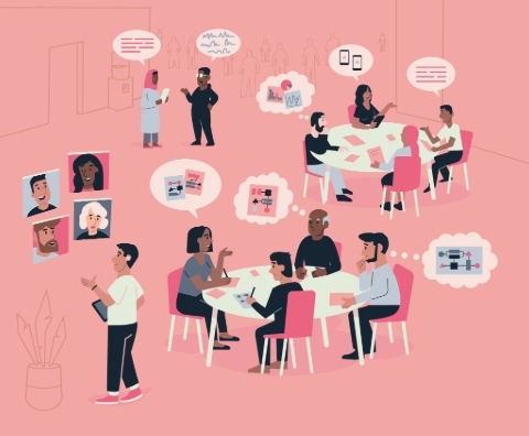 An illustration on a pink background of a dozen people in conversation around tables, in person and on screens.