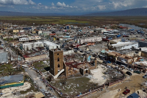 An aeriel photograph of the devastation in Jamaica include a destroyed church and roofs ripped off buildings.