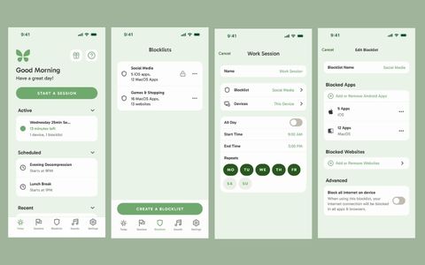 On a pale green background, four screen shot portraits from the Freedom app.. Image: Freedom