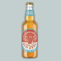 A bottle of cider with red and white label.