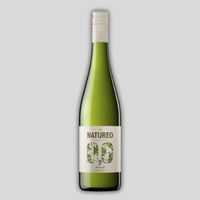 A green glass wine bottle with white label.